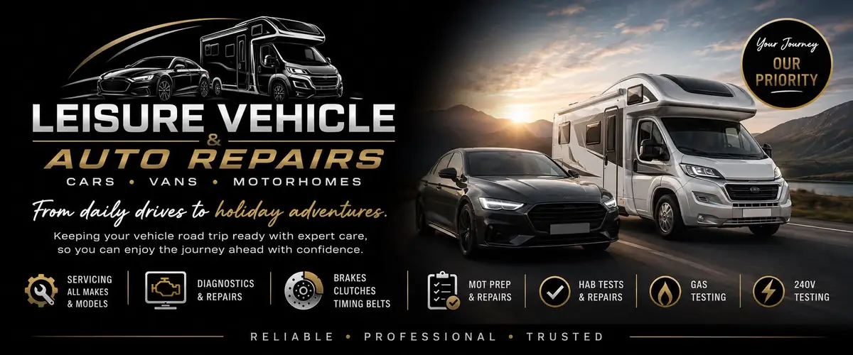 Leisure Vehicle & Auto Repairs banner featuring cars and a motorhome